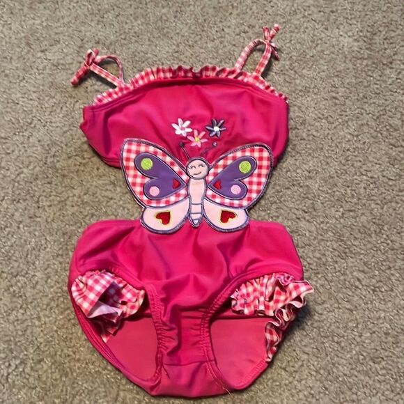 Joe Boxer Pink/white Gingham Butterfly Cutout Purple Red Green Ruffle Swimsuit-3 - Picture 1 of 7